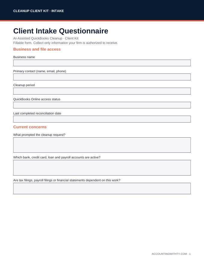 First page of the fillable Client Intake Questionnaire